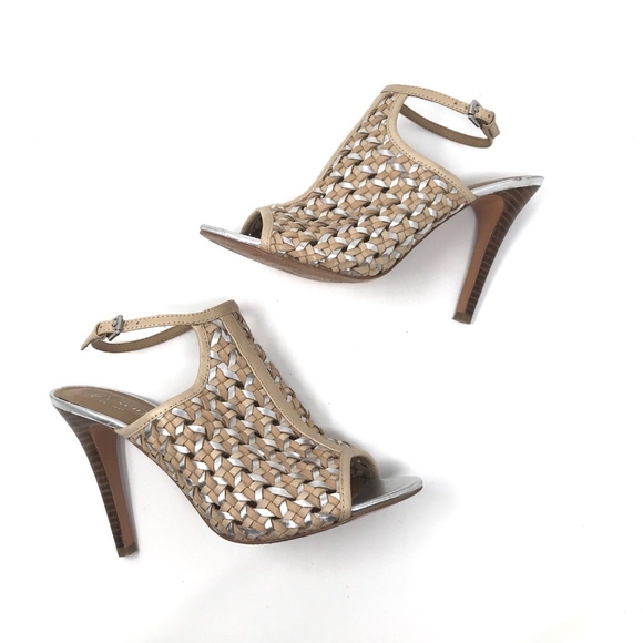 Coach Beige Silver Leather Woven Leela Heels - Picture 3 of 8